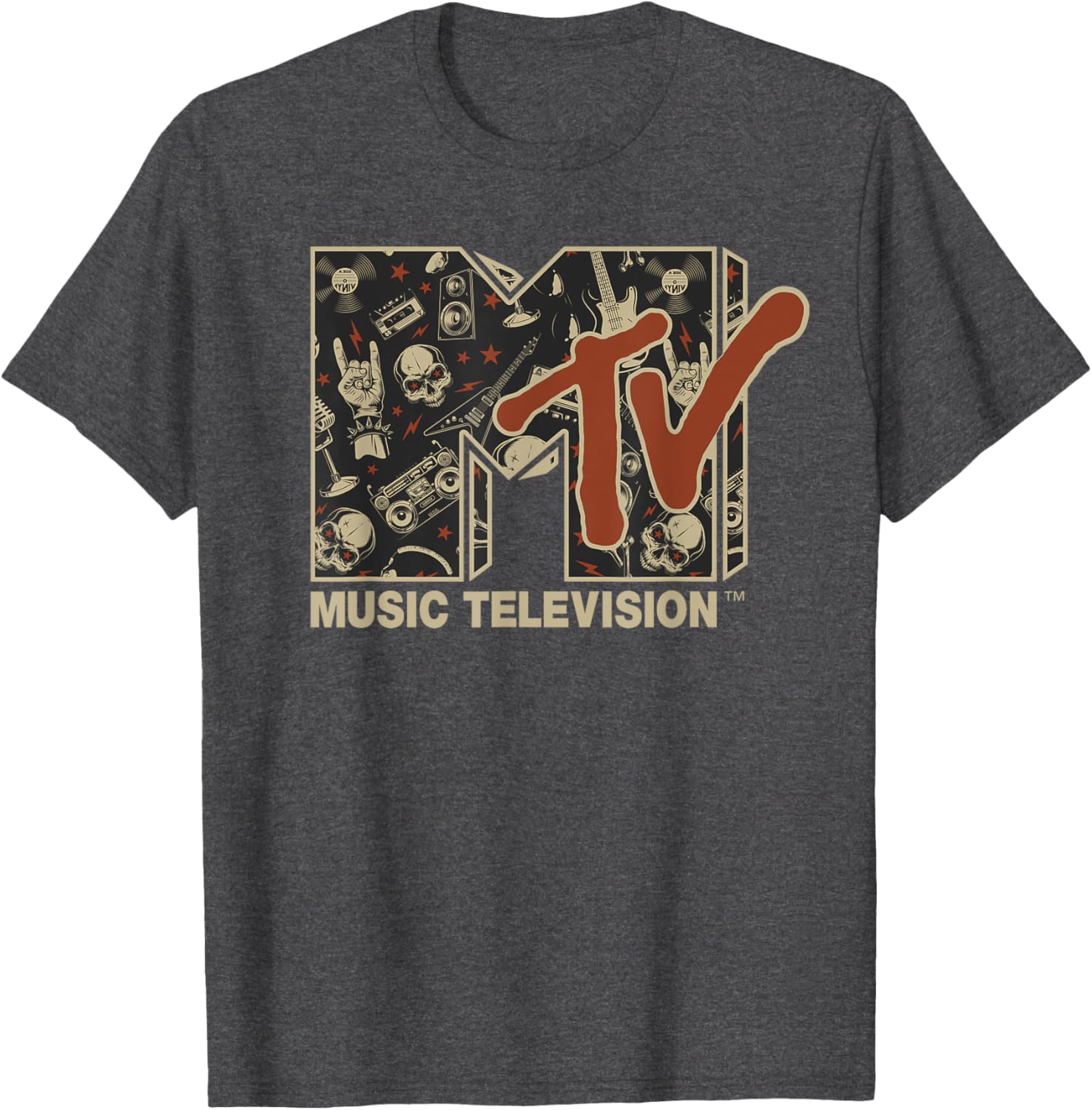Mademark x MTV Vintage Rock n Roll Skull Guitar T-Shirt for Metal Fans - 17