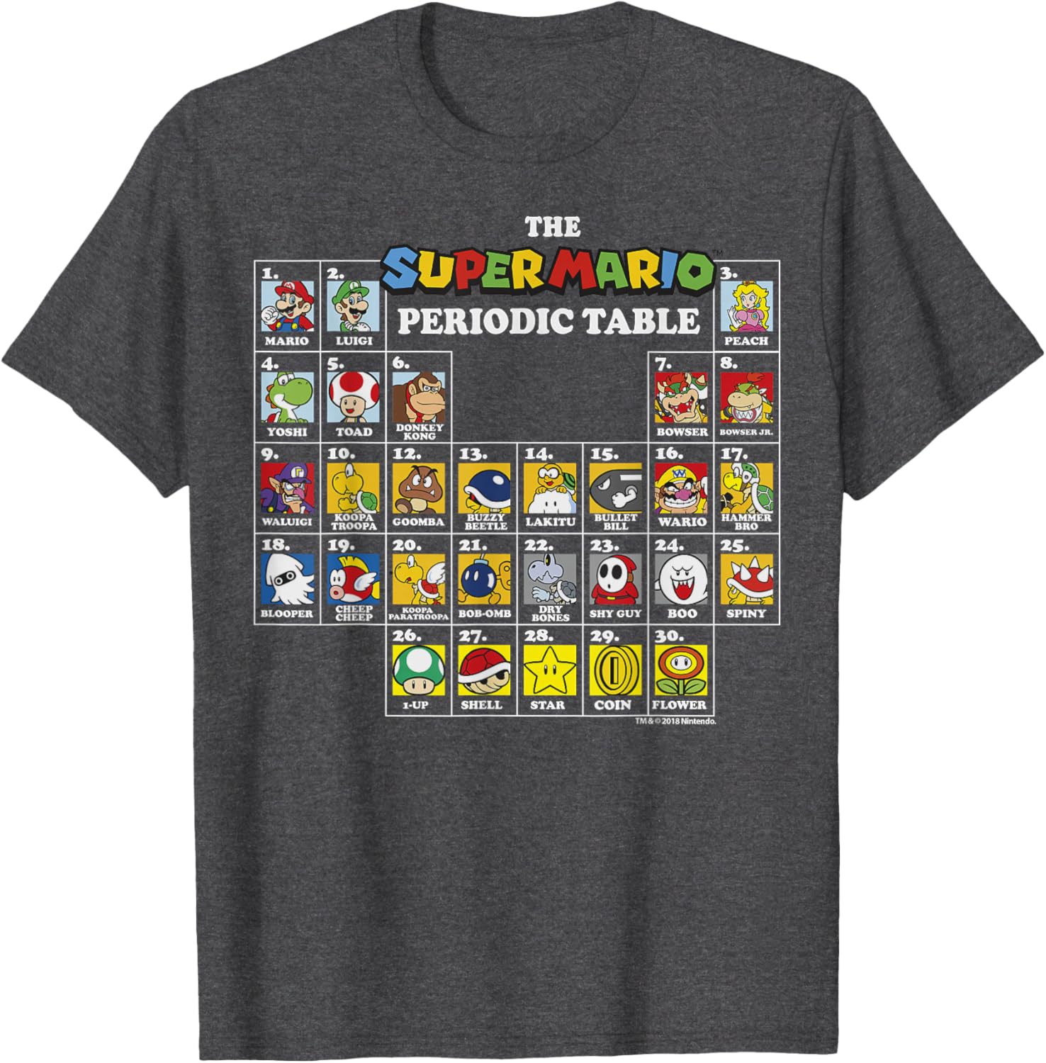 Super Mario Periodic Table Graphic T-Shirt Fun Character Design for Gamers - 11