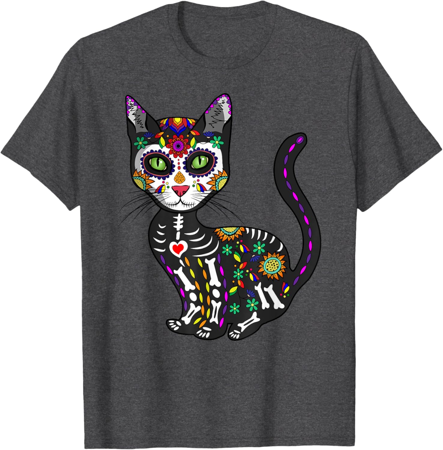 Cute Sugar Skull Cat T-Shirt for Halloween Day of the Dead Fun - 2