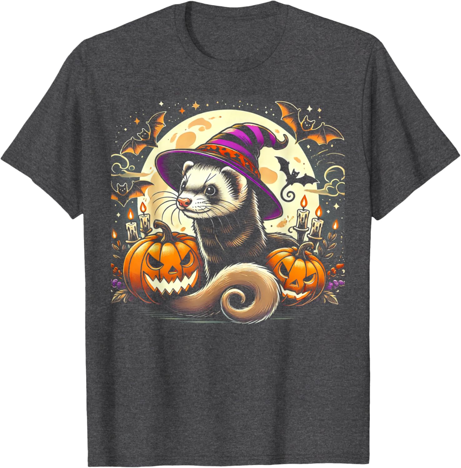Ferret Witch Halloween T-Shirt with Spooky Pumpkin and Bats Design - 9
