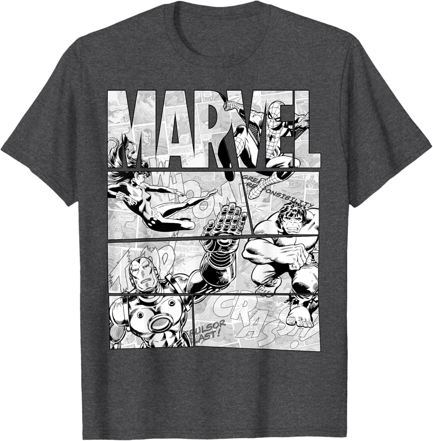 Marvel Avengers Retro Black and White Comic Graphic T-Shirt for Fans - 9