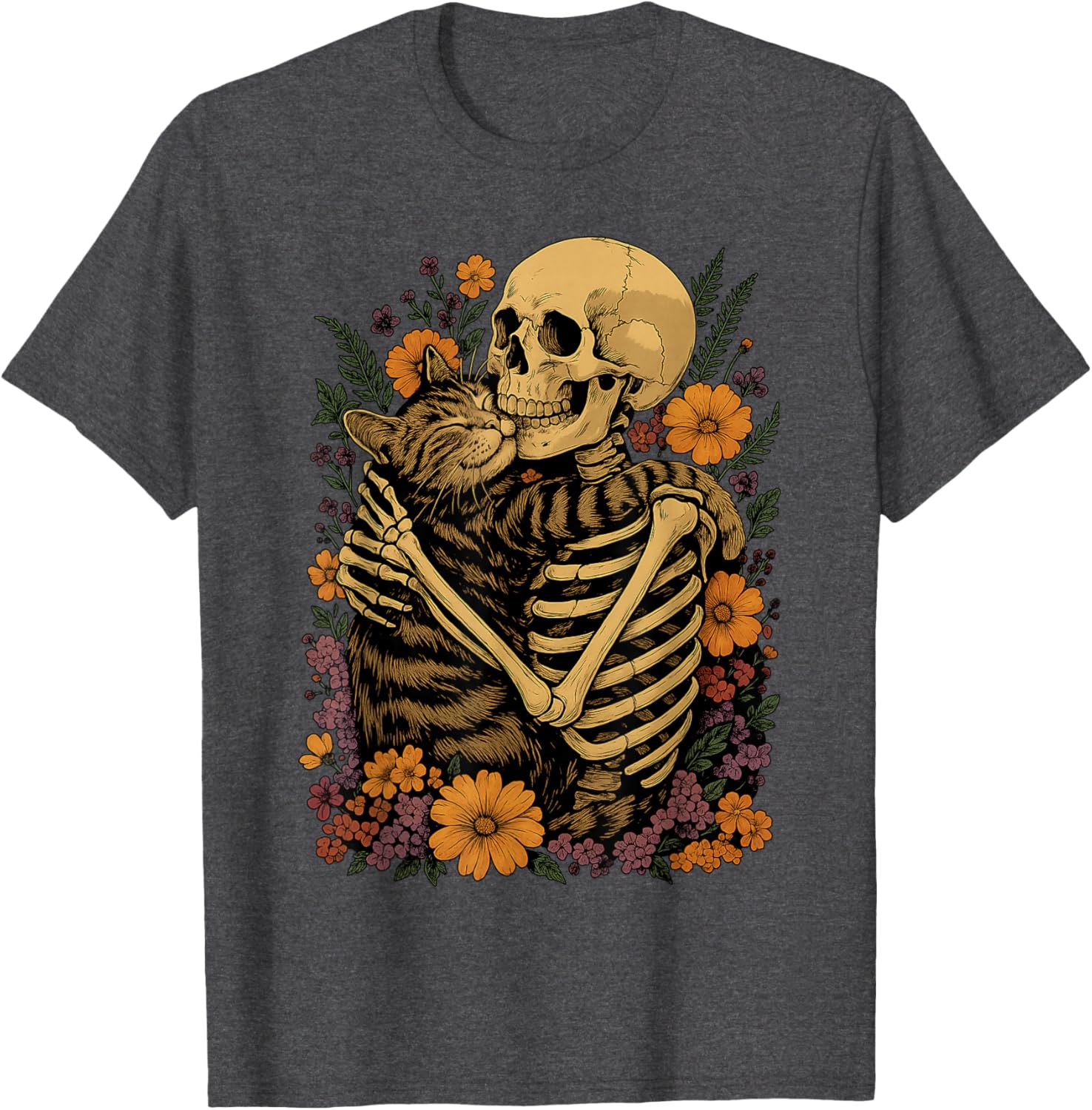 Cute Skeleton Hugging Cat Floral Halloween T-Shirt for Cat Lovers - 23