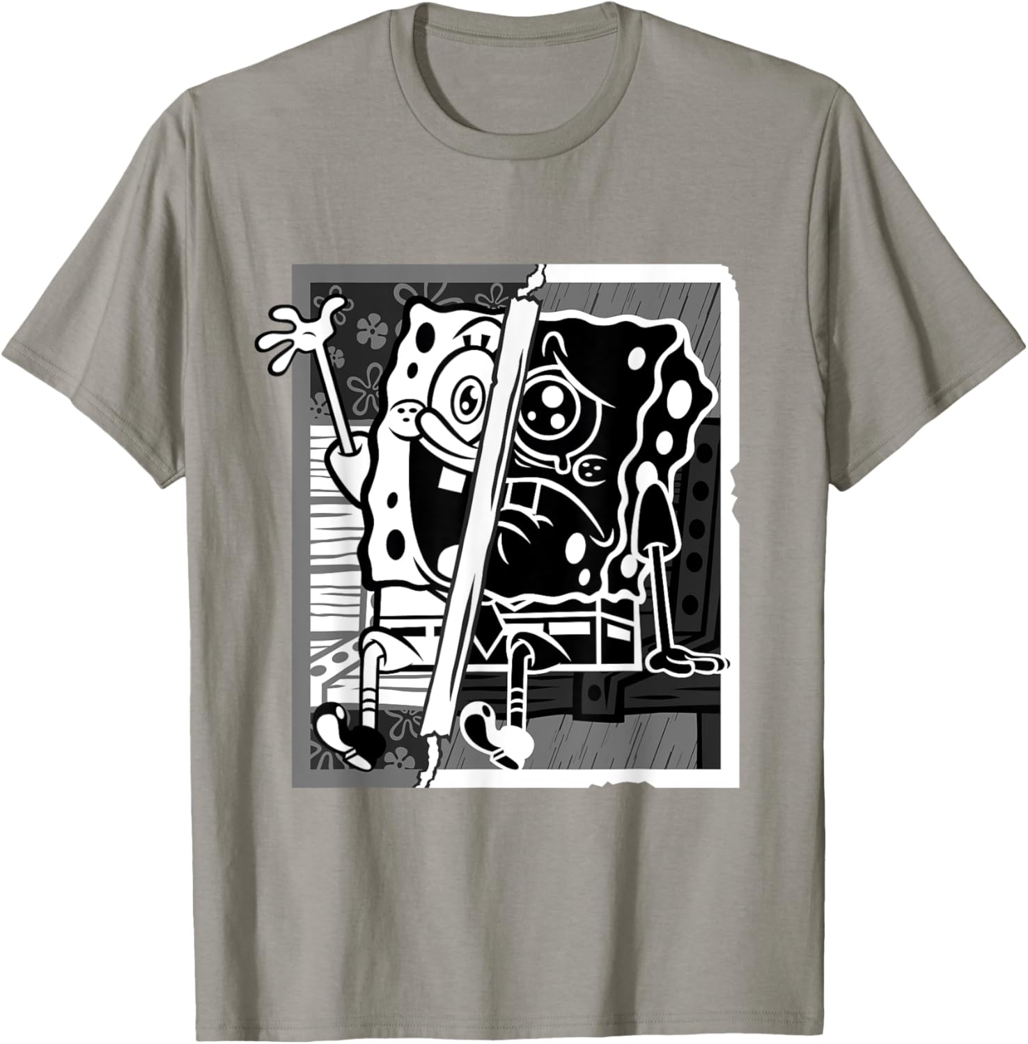 Mademark SpongeBob Black and White Happy Sad Artline T-Shirt for Fans - 17