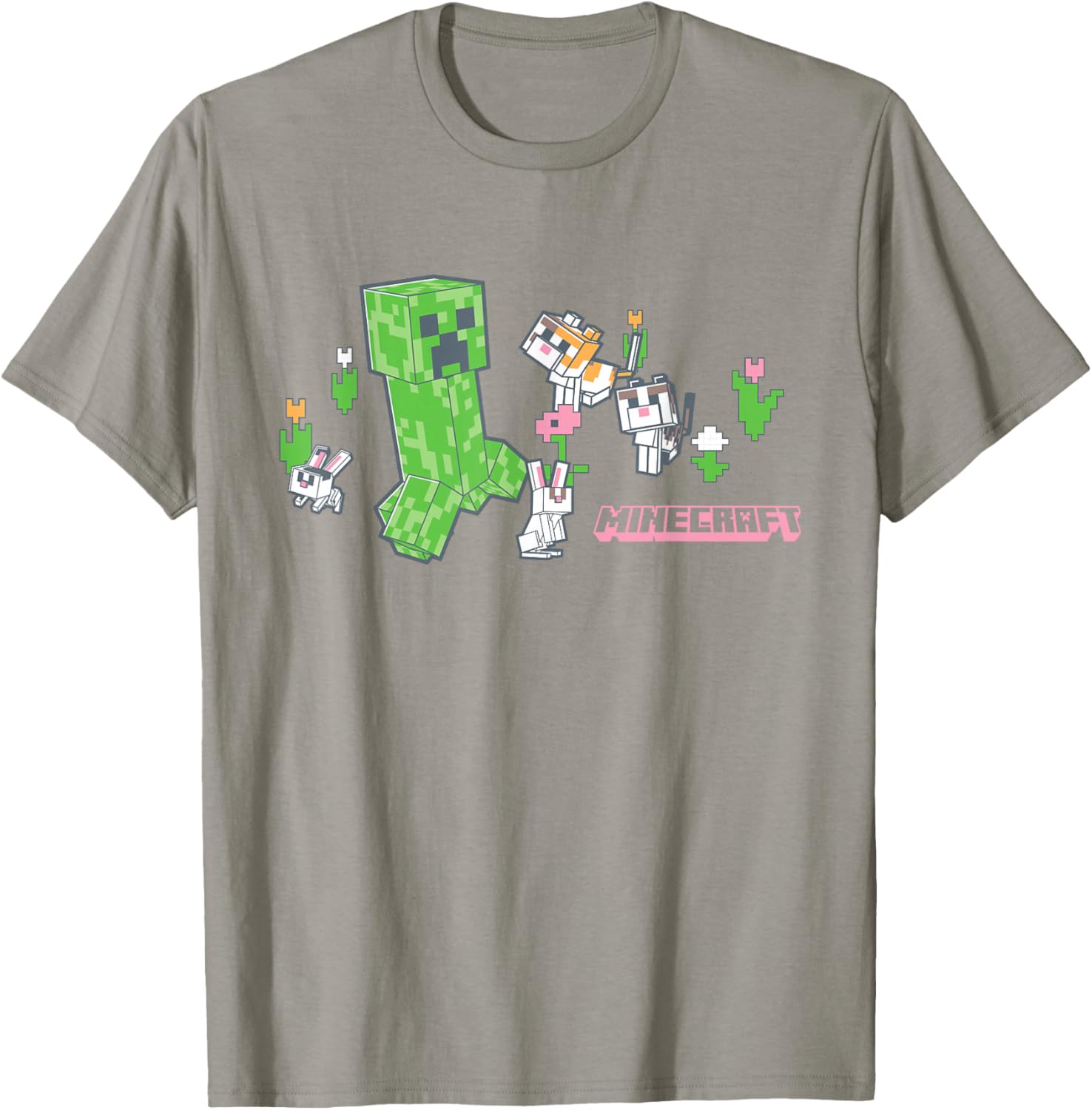 Cute Minecraft Creeper T-Shirt with Bunnies and Cats in Pixel Garden - 9