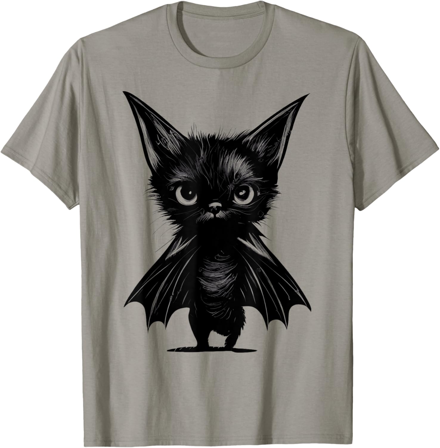 Grumpy Black Kitten in Bat Costume Cute Halloween T-Shirt for Kids - 1