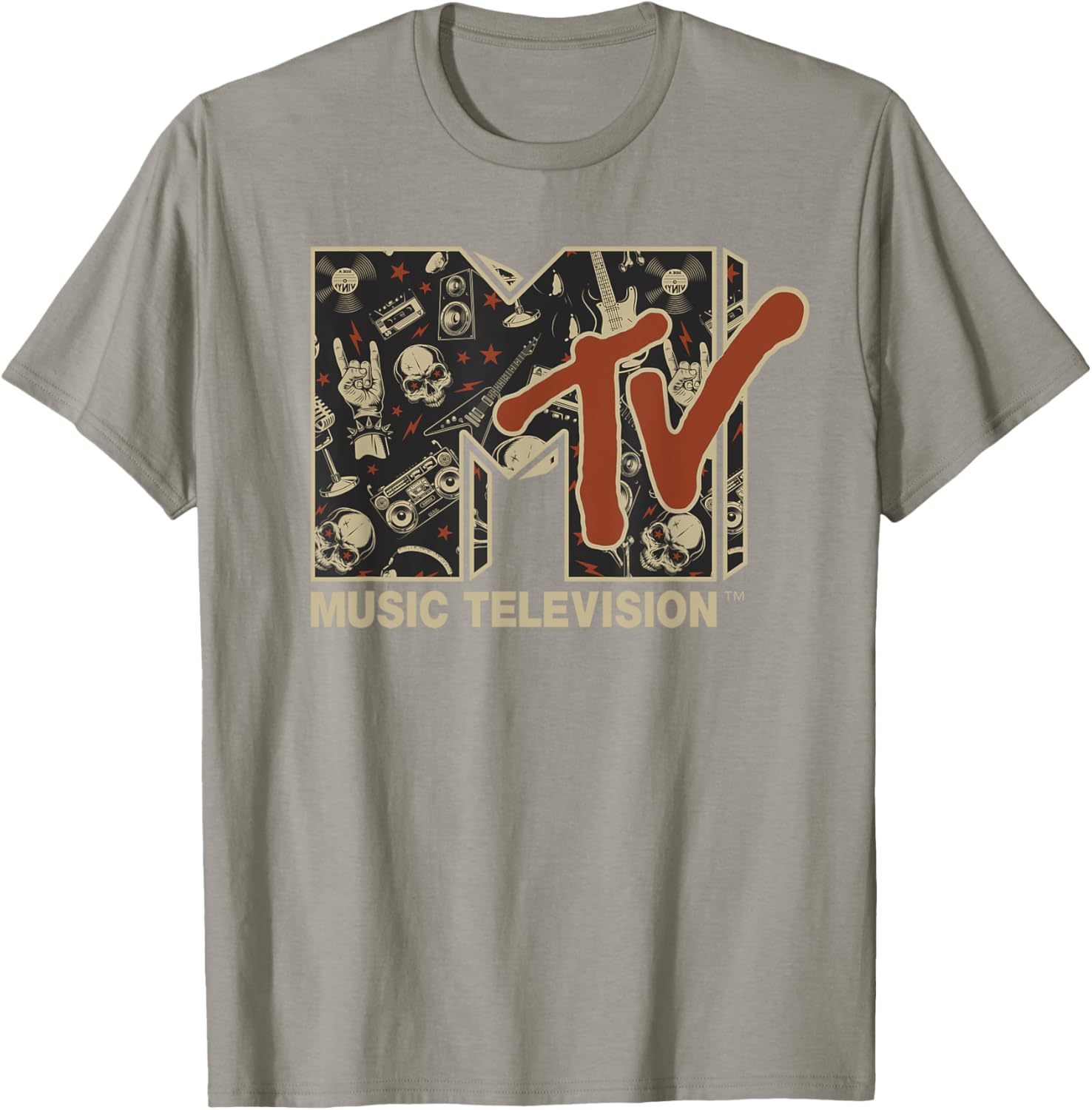 Mademark x MTV Vintage Rock n Roll Skull Guitar T-Shirt for Metal Fans - 1