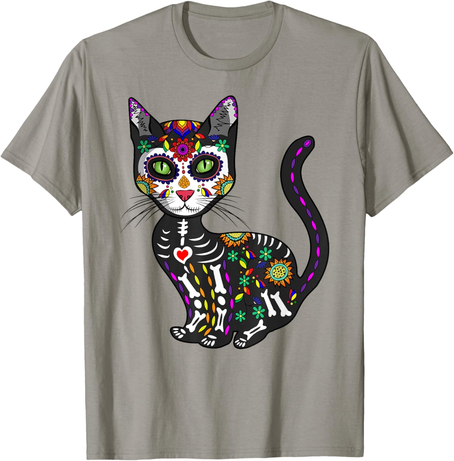 Cute Sugar Skull Cat T-Shirt for Halloween Day of the Dead Fun - 8