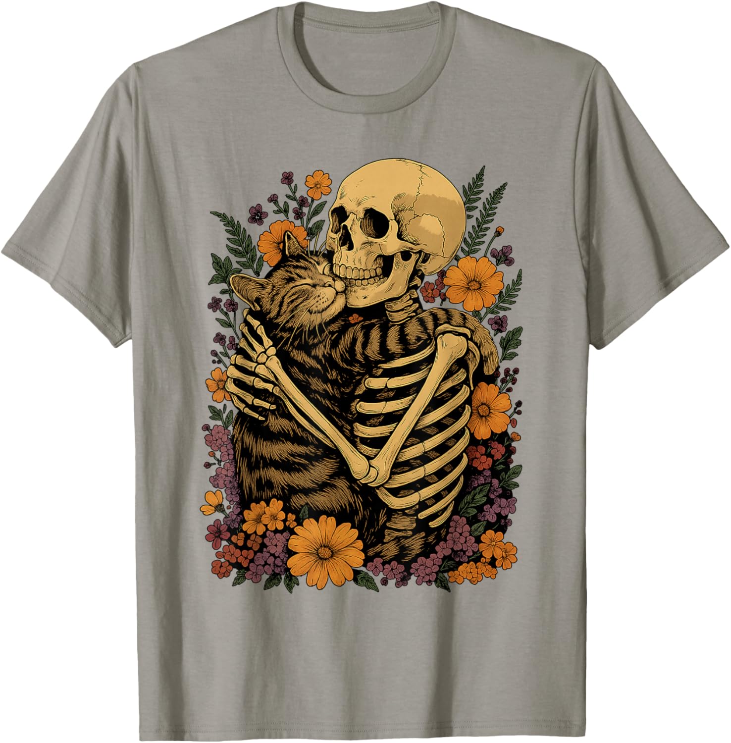 Cute Skeleton Hugging Cat Floral Halloween T-Shirt for Cat Lovers - 12