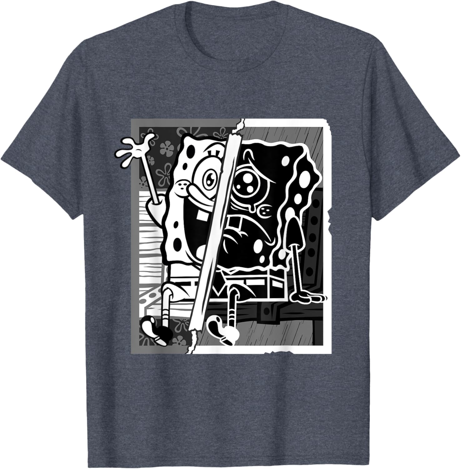 Mademark SpongeBob Black and White Happy Sad Artline T-Shirt for Fans - 10