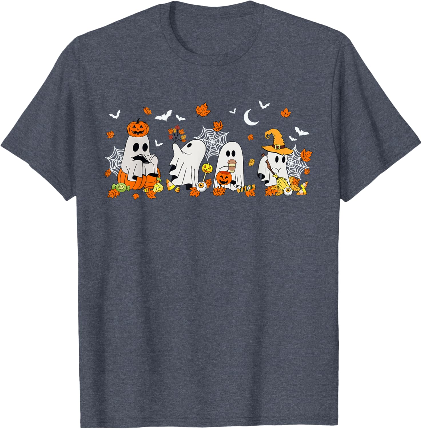 Cute Ghost Drinking Coffee Halloween Fall Book Reading T-Shirt for All - 3