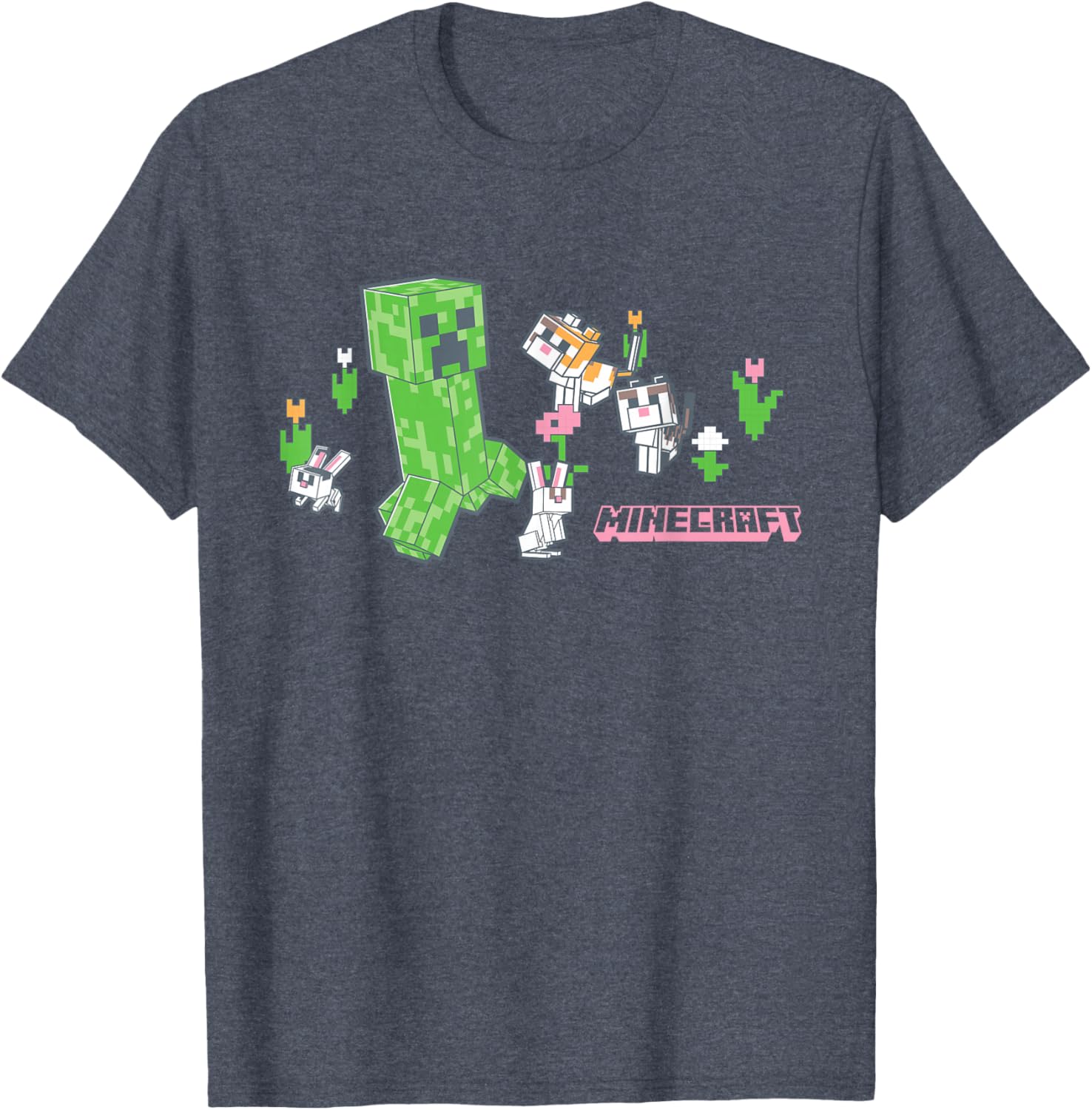 Cute Minecraft Creeper T-Shirt with Bunnies and Cats in Pixel Garden - 6