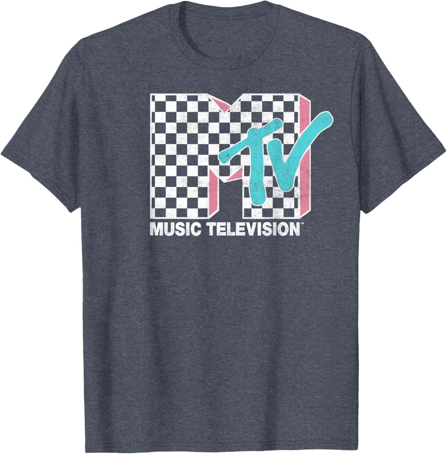 MTV Neon Distressed Checkered Logo Graphic Tee for Trendy Style - 8