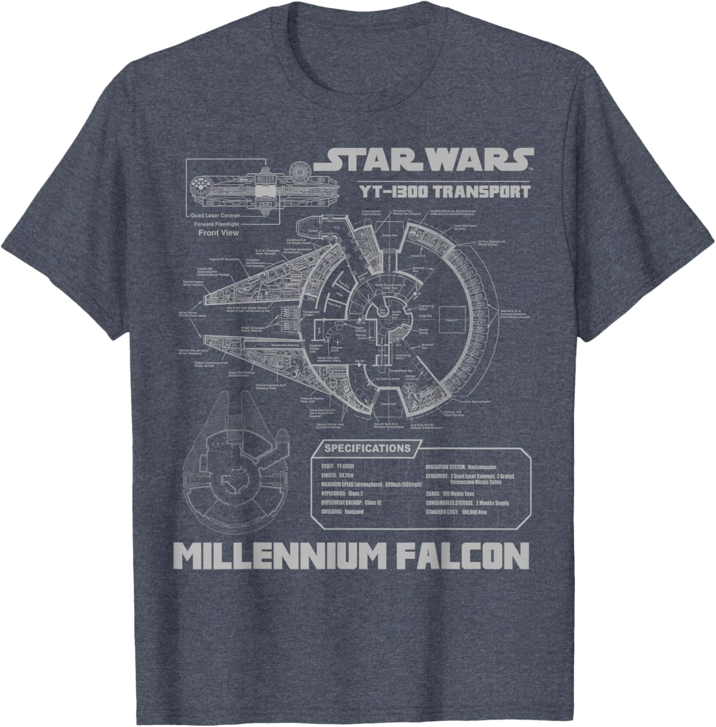 Star Wars Millennium Falcon Grey Schematics Graphic T-Shirt for Fans - 9