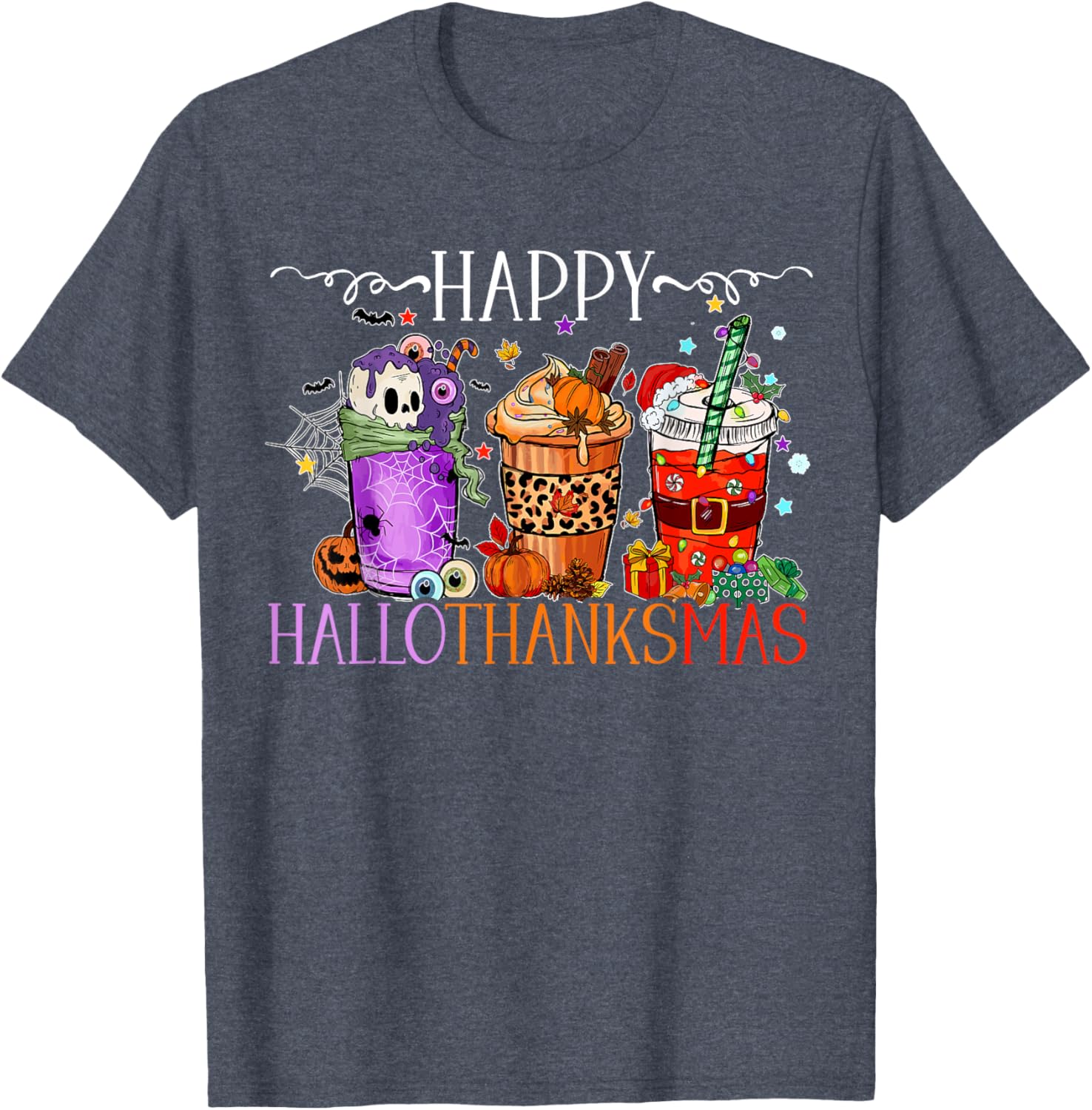Happy Hallothanksmas T-Shirt for Halloween Thanksgiving and Christmas Fun - 5