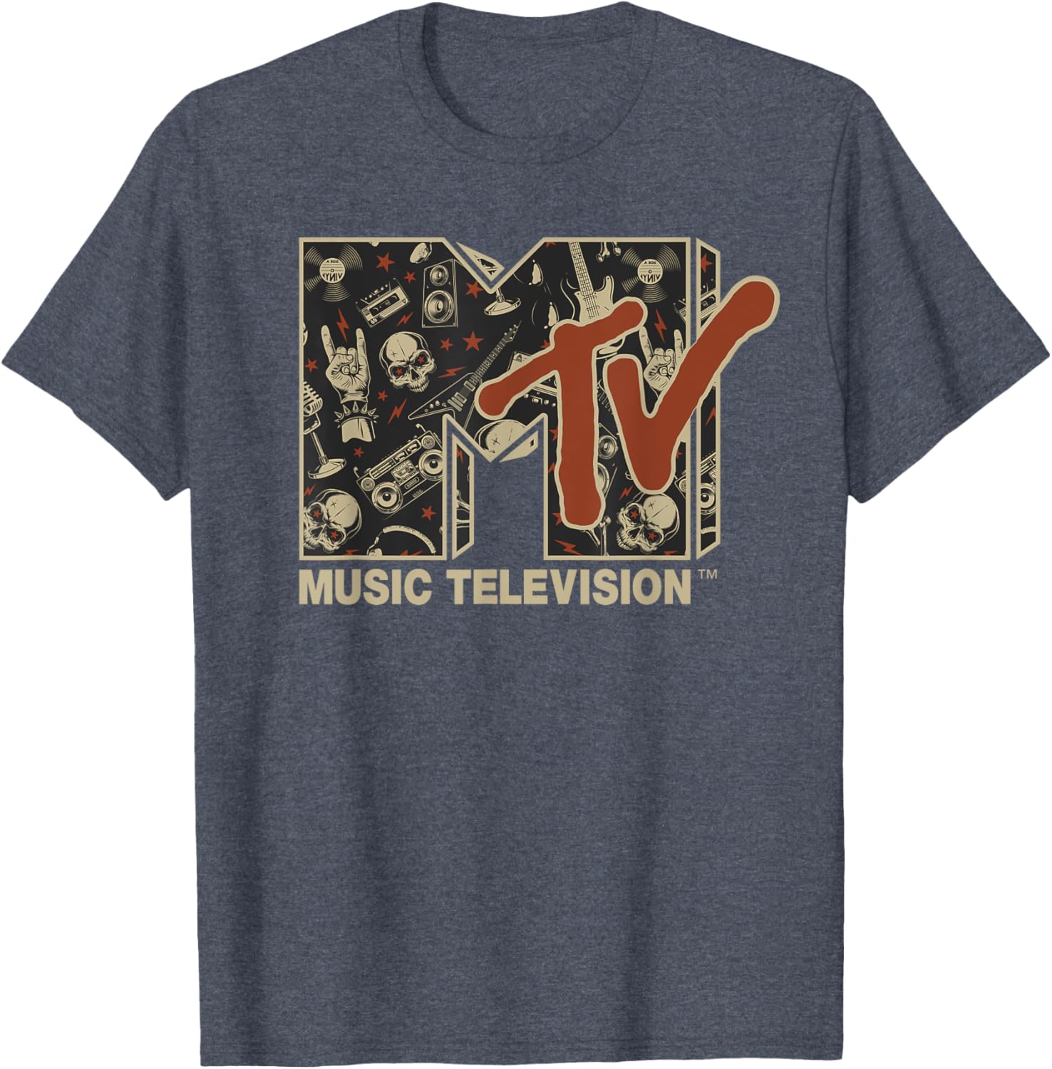 Mademark x MTV Vintage Rock n Roll Skull Guitar T-Shirt for Metal Fans - 15