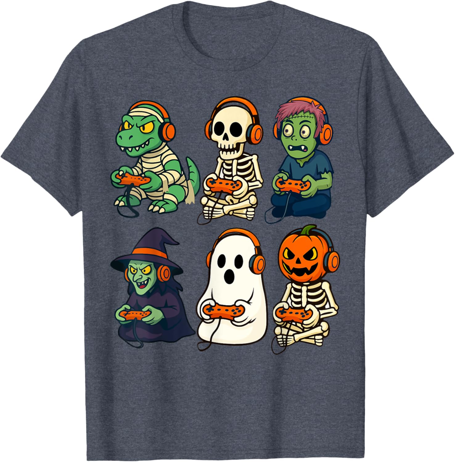 Halloween Boys Gamer T-Shirt with Dinosaur Skeleton and Witch Design - 9