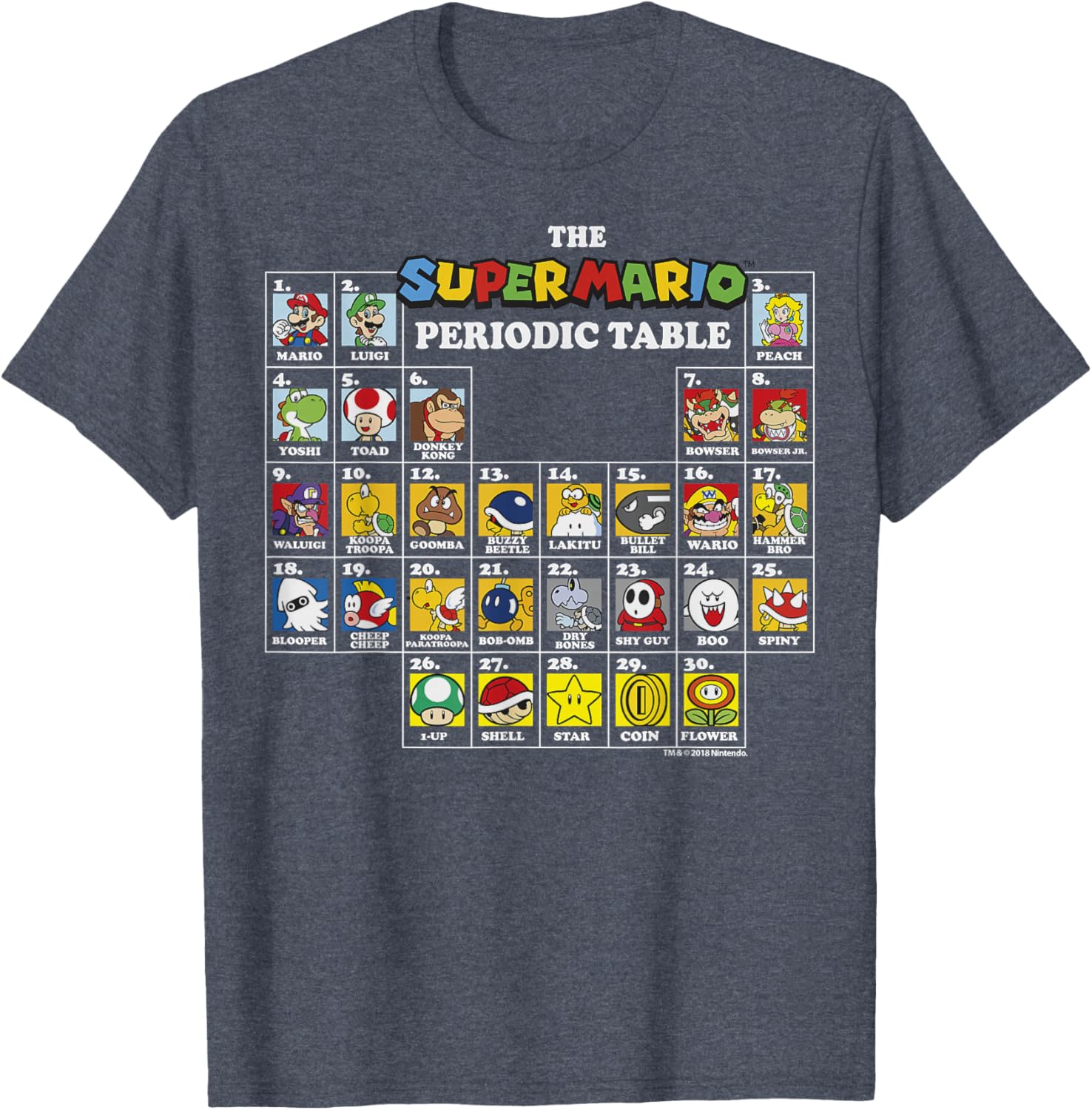Super Mario Periodic Table Graphic T-Shirt Fun Character Design for Gamers - 9