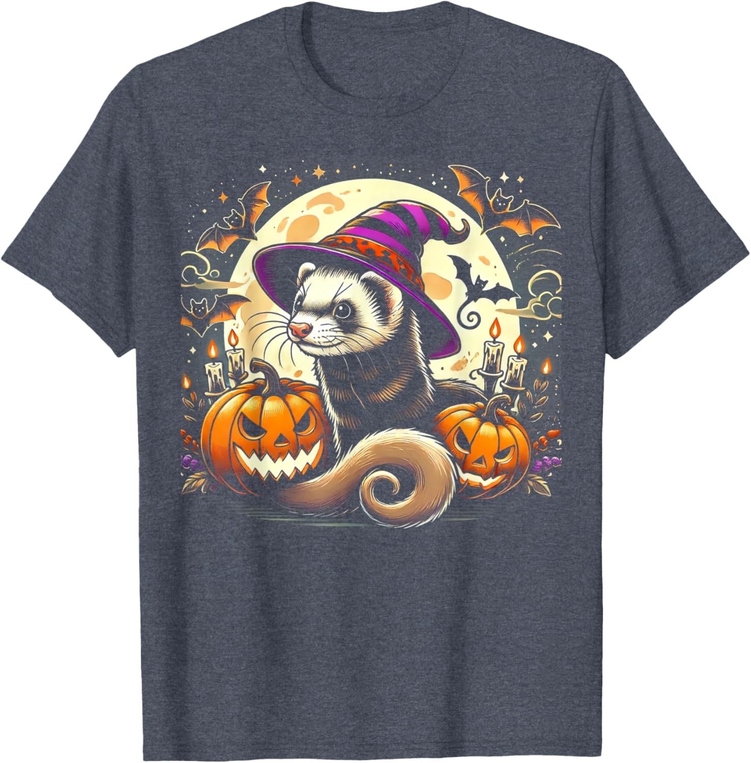 Ferret Witch Halloween T-Shirt with Spooky Pumpkin and Bats Design - 8