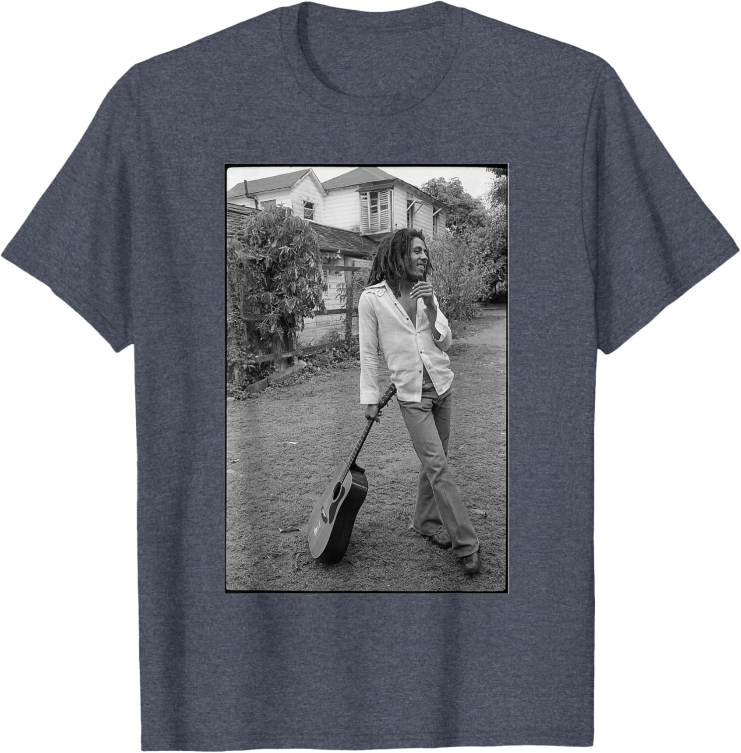 Bob Marley David Burnett Black and White Guitar Photo T-Shirt - 7