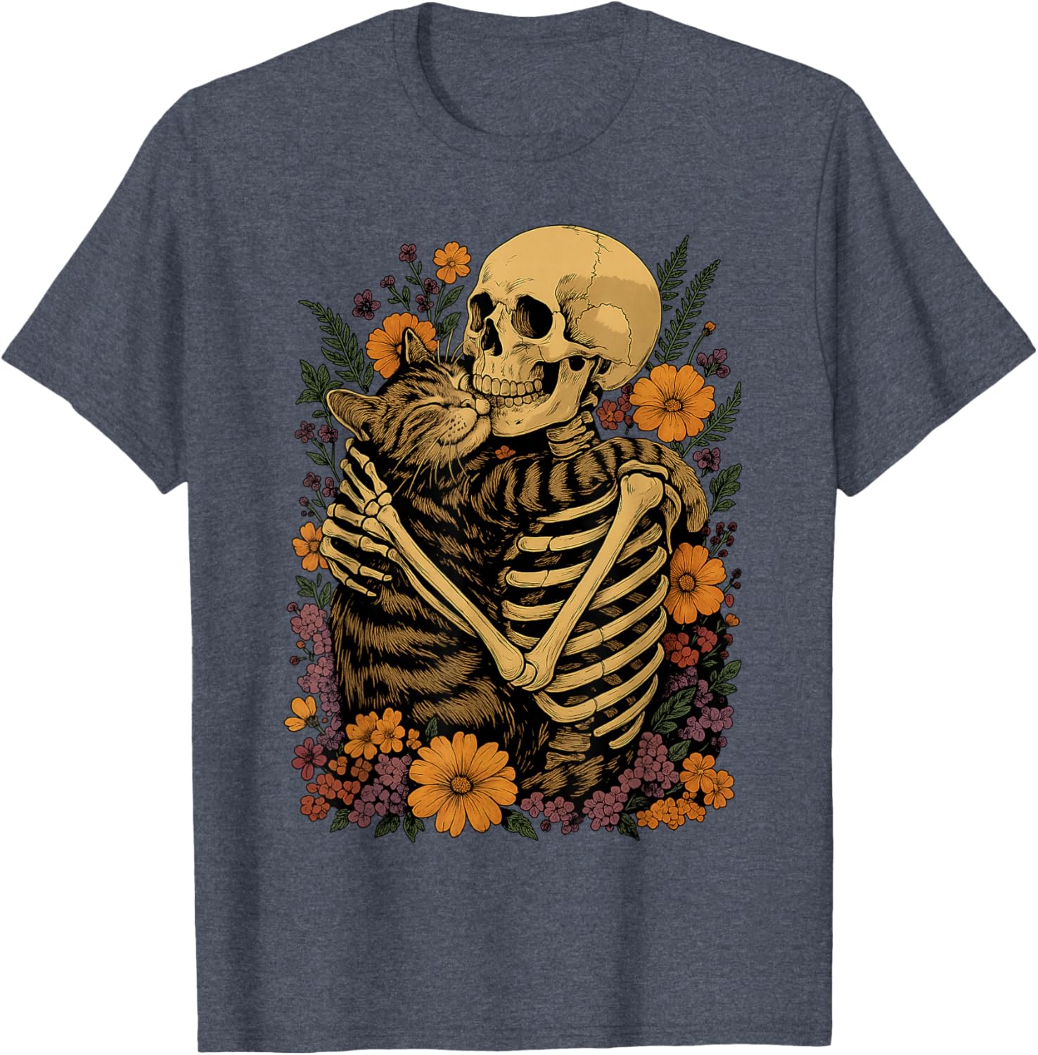 Cute Skeleton Hugging Cat Floral Halloween T-Shirt for Cat Lovers - 9