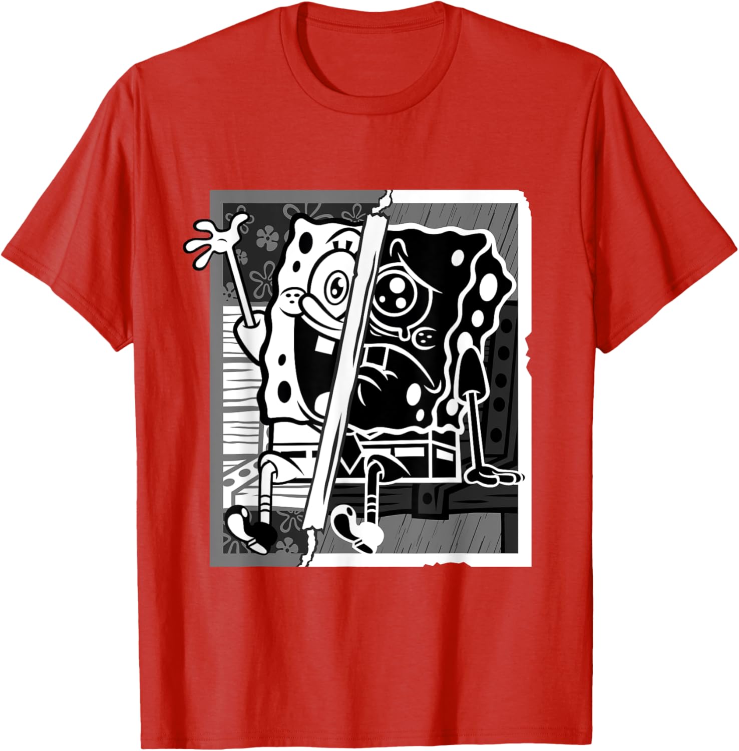 Mademark SpongeBob Black and White Happy Sad Artline T-Shirt for Fans - 11