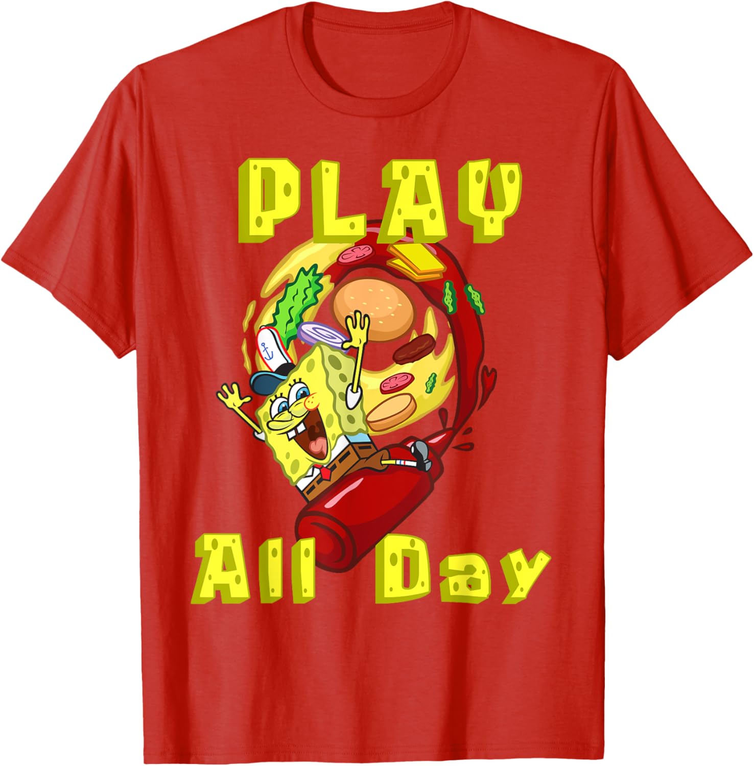 SpongeBob Play All Day T-Shirt with Fun Burger Ketchup Design - 8