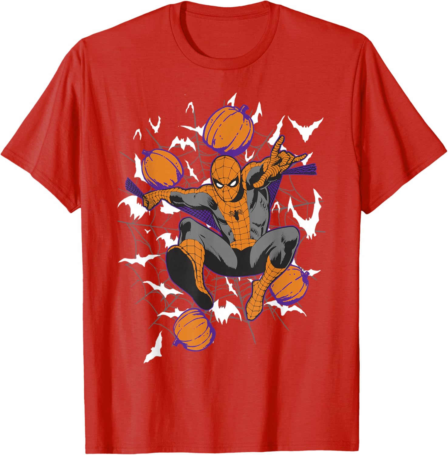 Spider-Man Halloween T-Shirt with Web and Pumpkins for Kids and Adults - 11