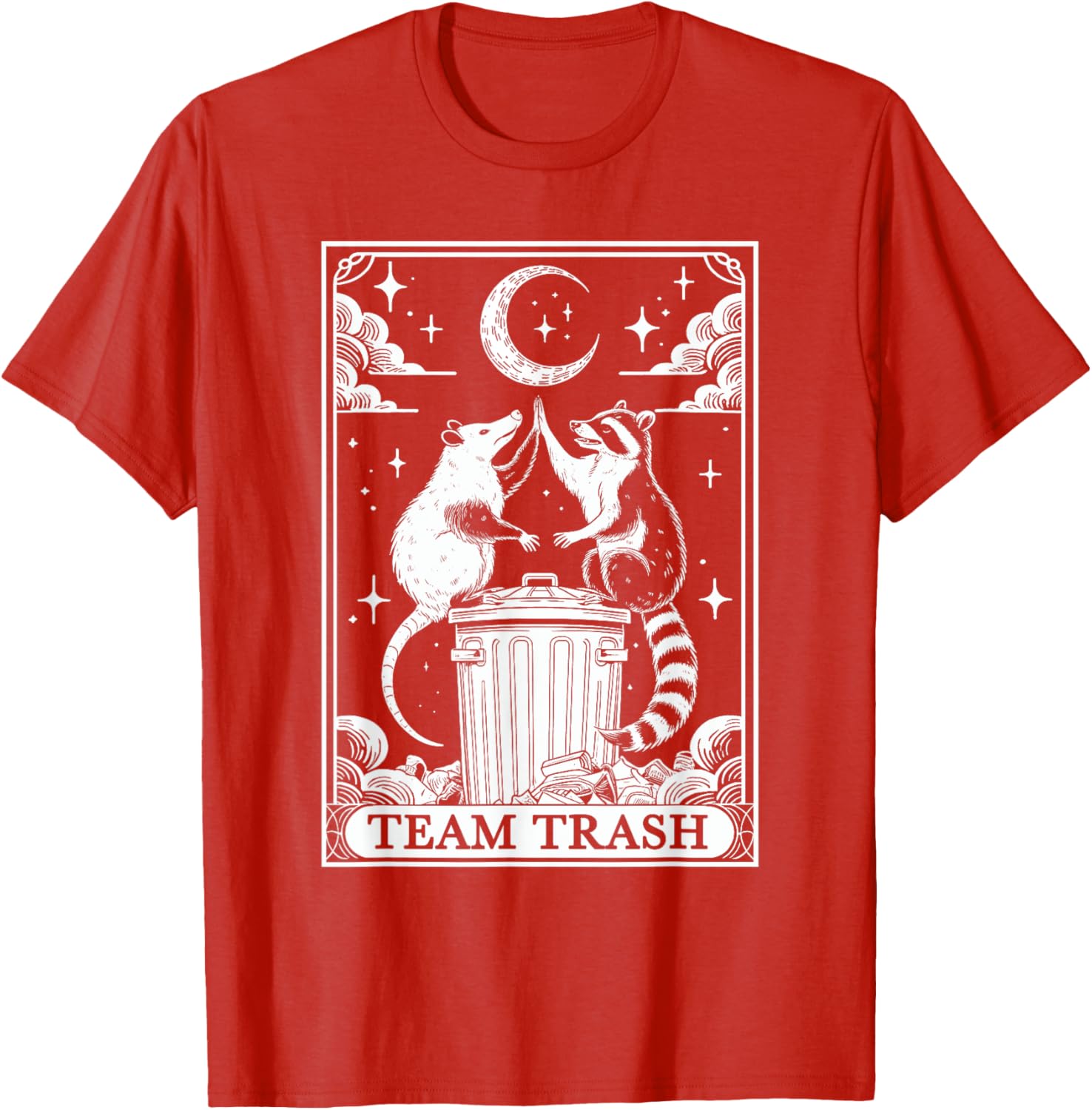 Vintage Tarot Card Team Trash T-Shirt with Crescent Moon Opossum Raccoon - 16