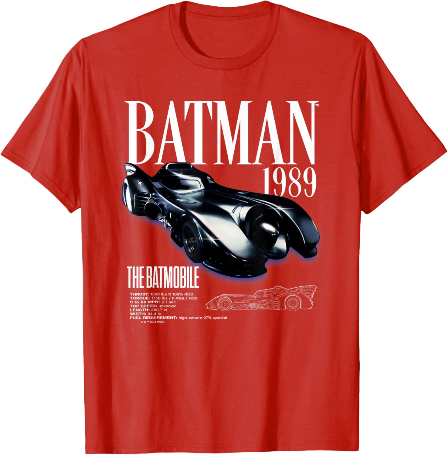 Batman 1989 Batmobile Schematic T-Shirt for Fans of Classic Film Style - 10
