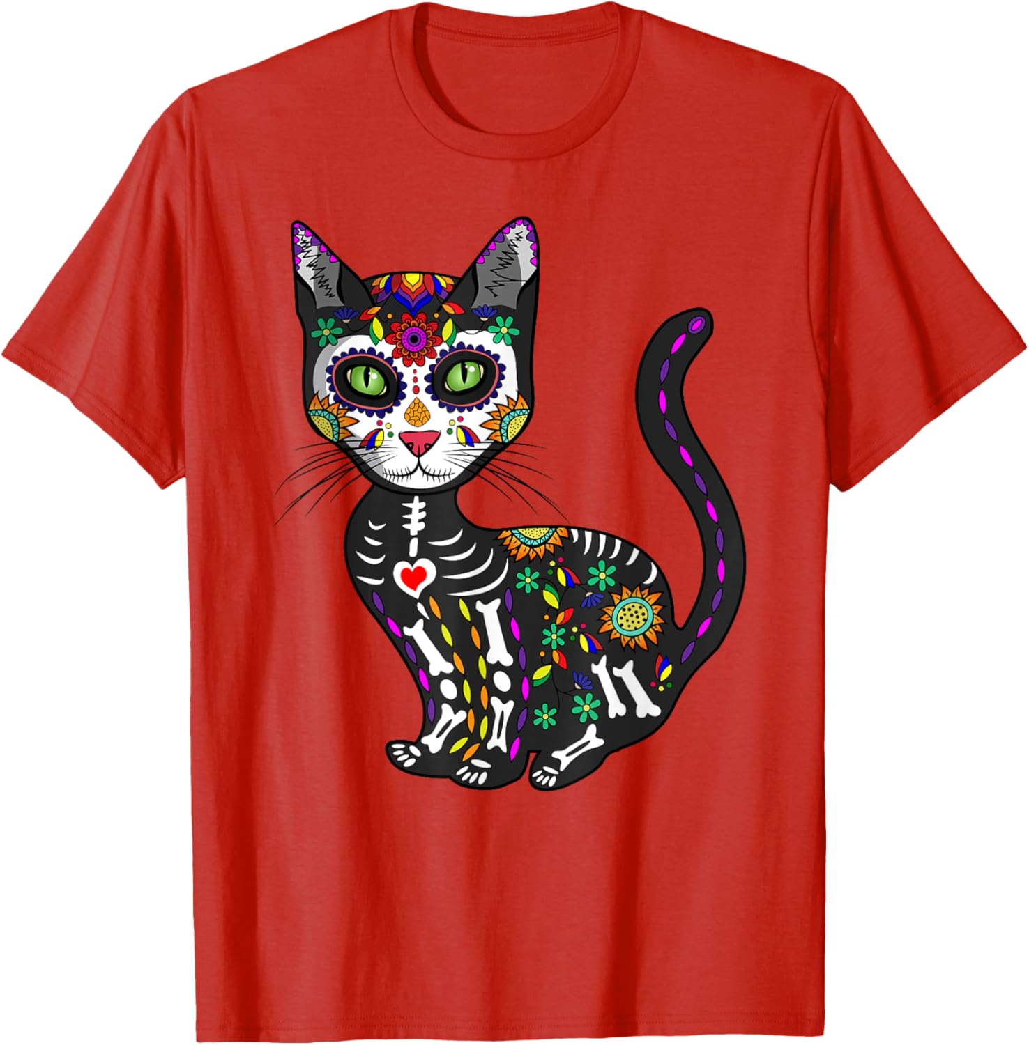 Cute Sugar Skull Cat T-Shirt for Halloween Day of the Dead Fun - 1