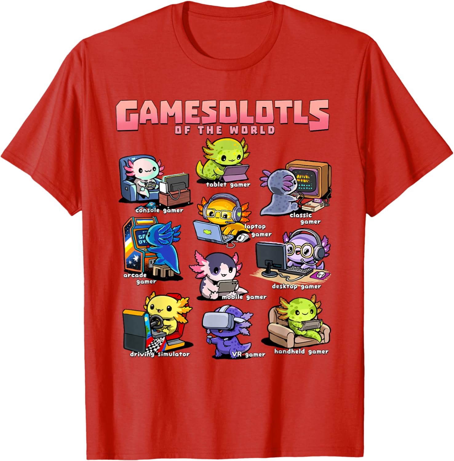Diverse Gamer Axolotl Collection T-Shirt for Fun Game Lovers - 1