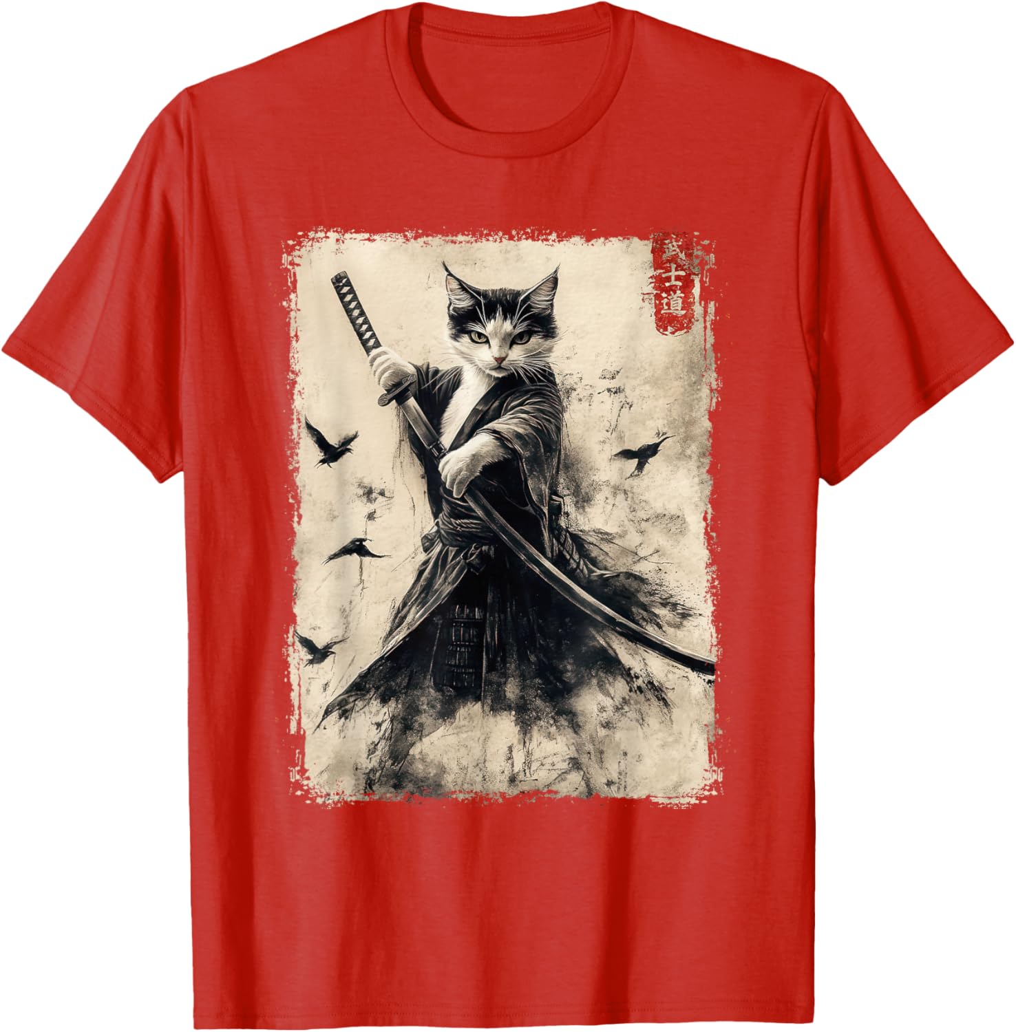 Samurai Cat Vintage Anime Graphic Tee – Cool Japanese Art T-Shirt - 13