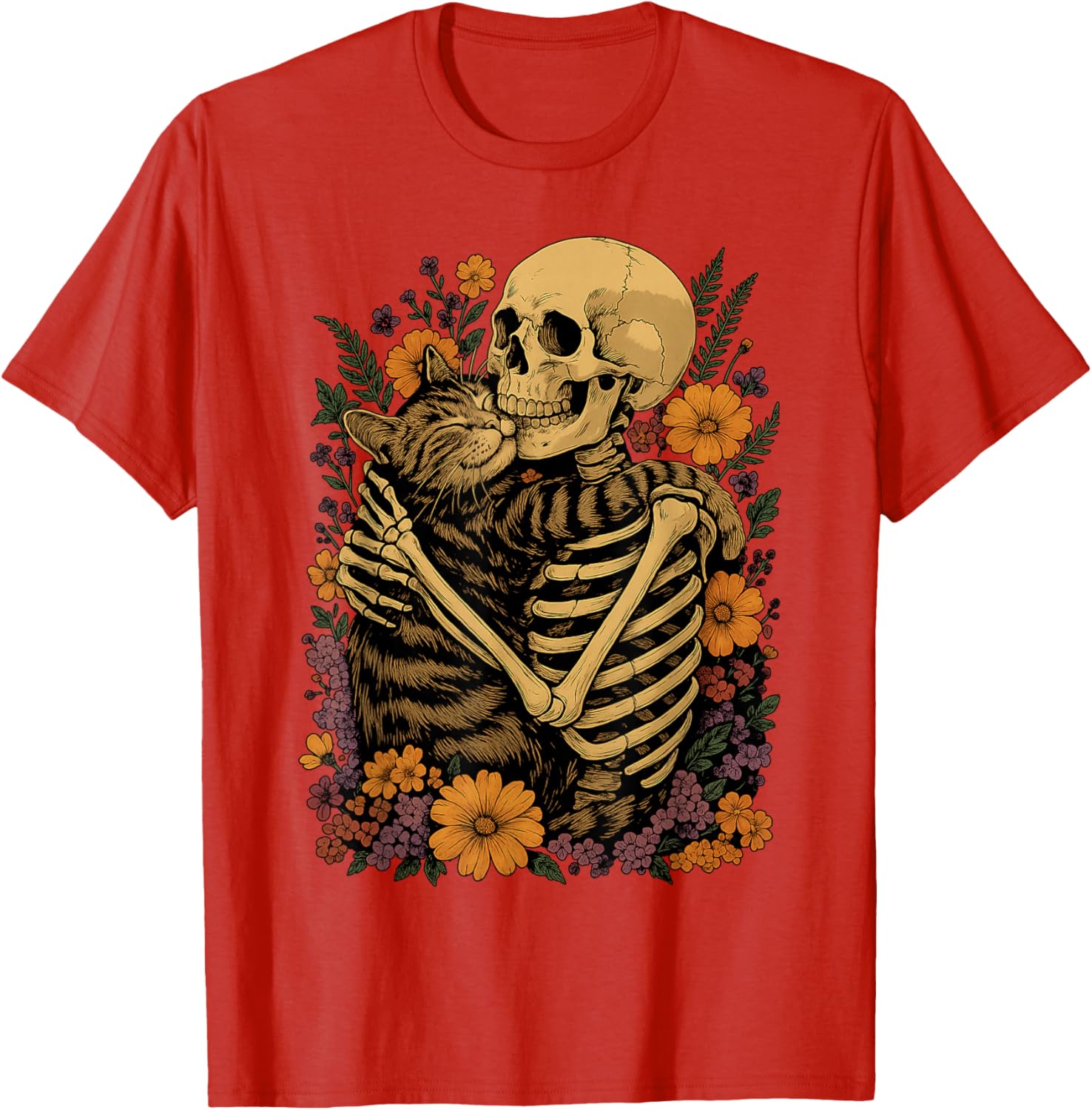 Cute Skeleton Hugging Cat Floral Halloween T-Shirt for Cat Lovers - 7