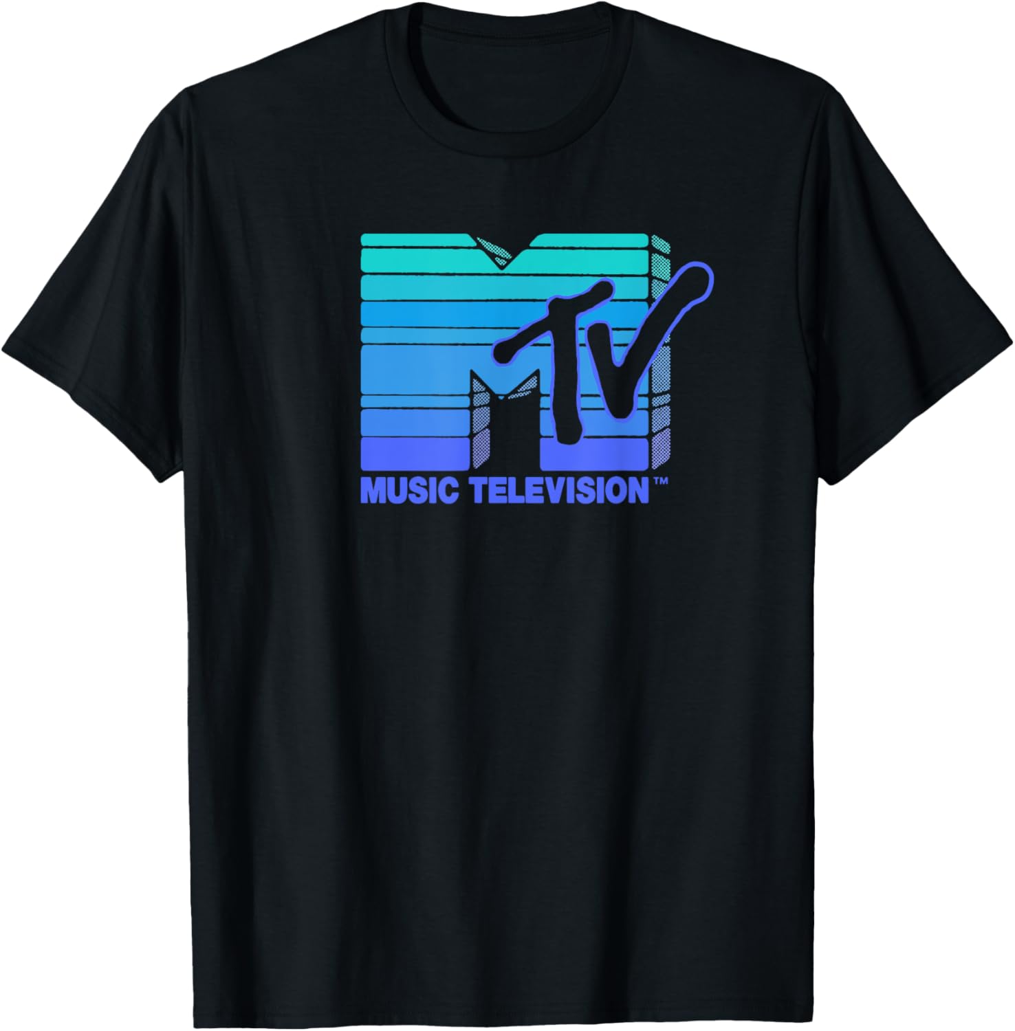 Mademark x MTV Vintage Hand Drawn Blue Vapor Wave Sun Stripes T-Shirt - 4
