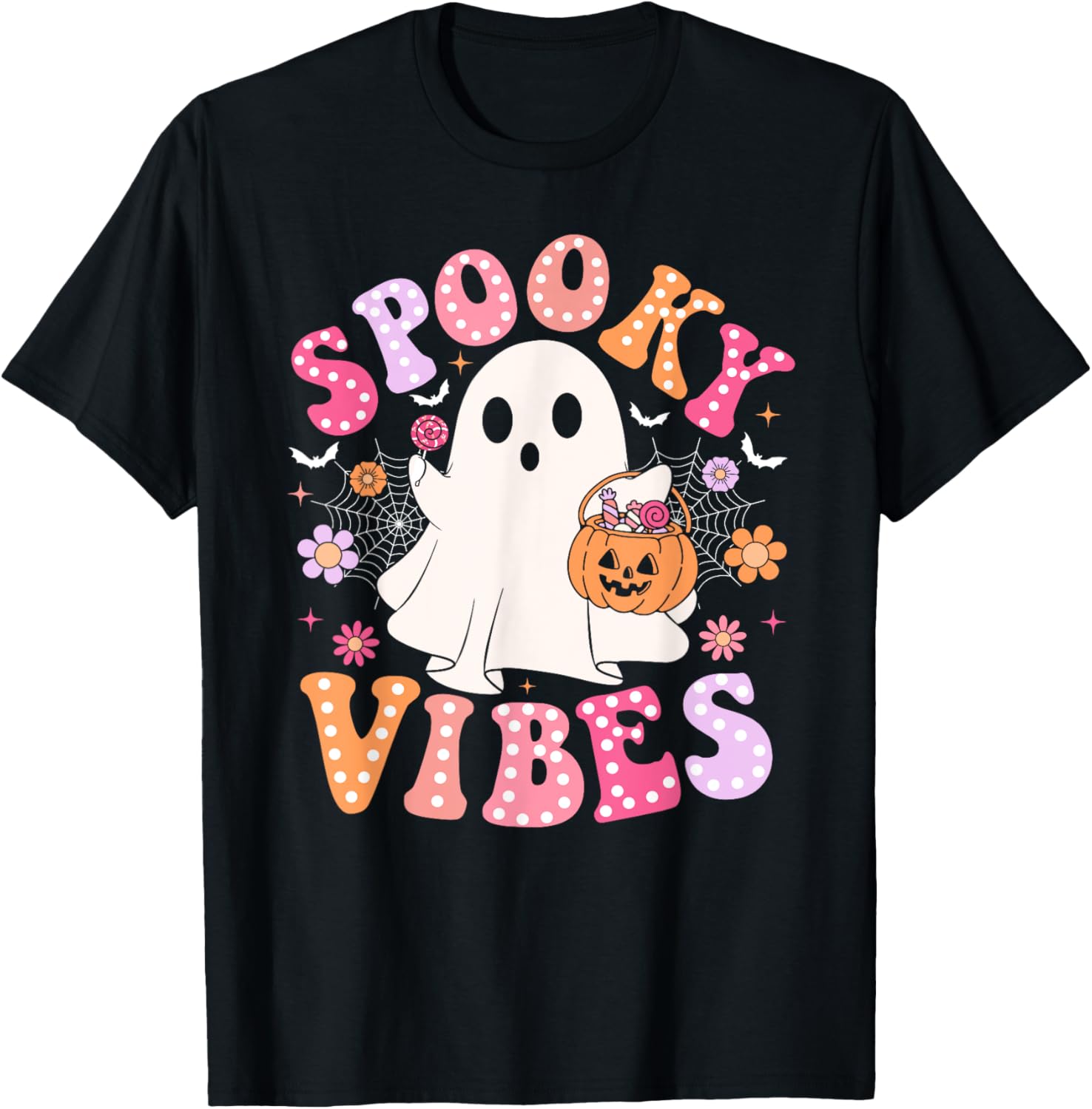 Spooky Vibes Retro Halloween T-Shirt for Women Girls and Kids - 1