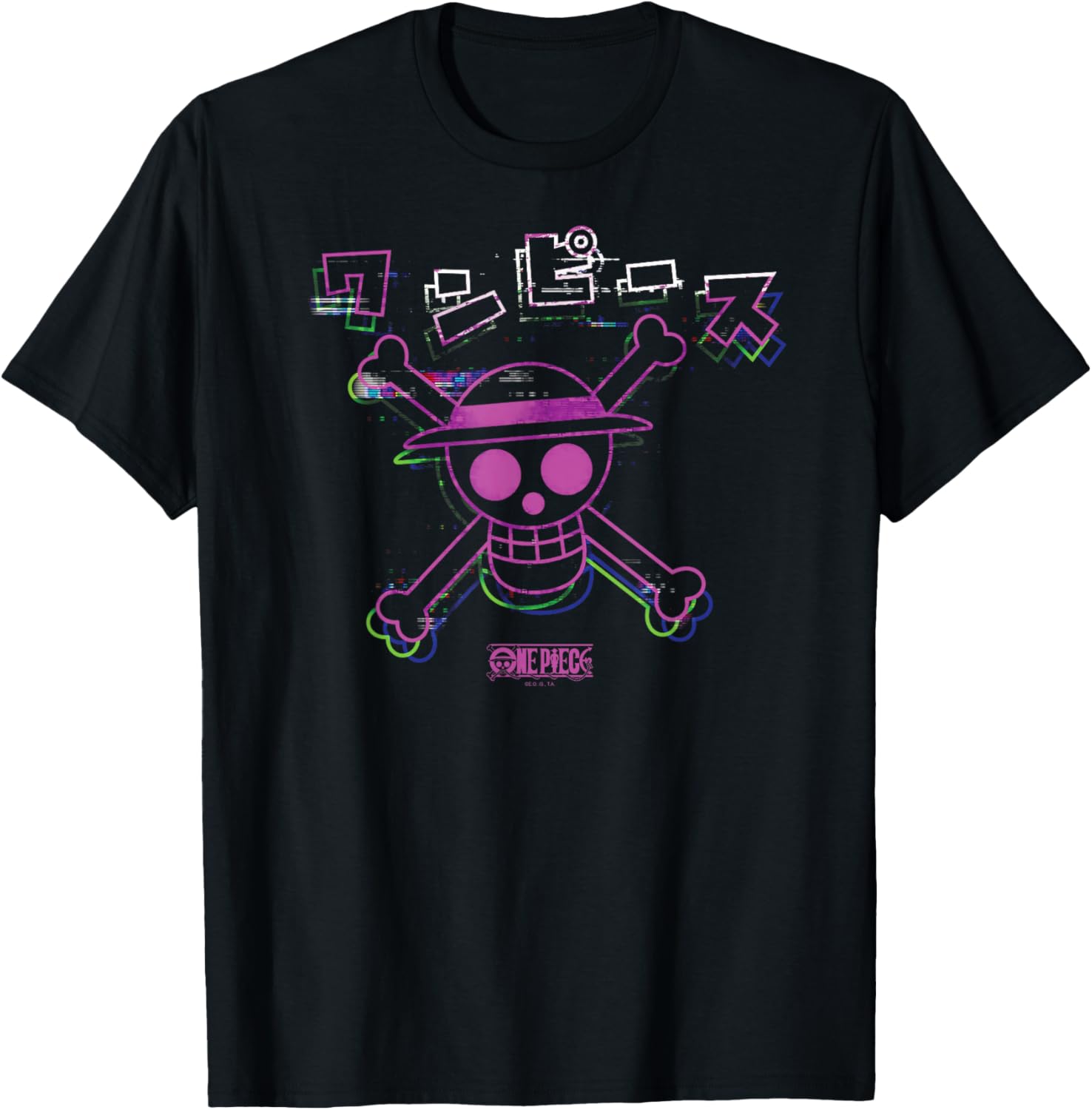 Colorful One Piece Anime Glitch Straw Hat Kanji T-Shirt for Fans - 1