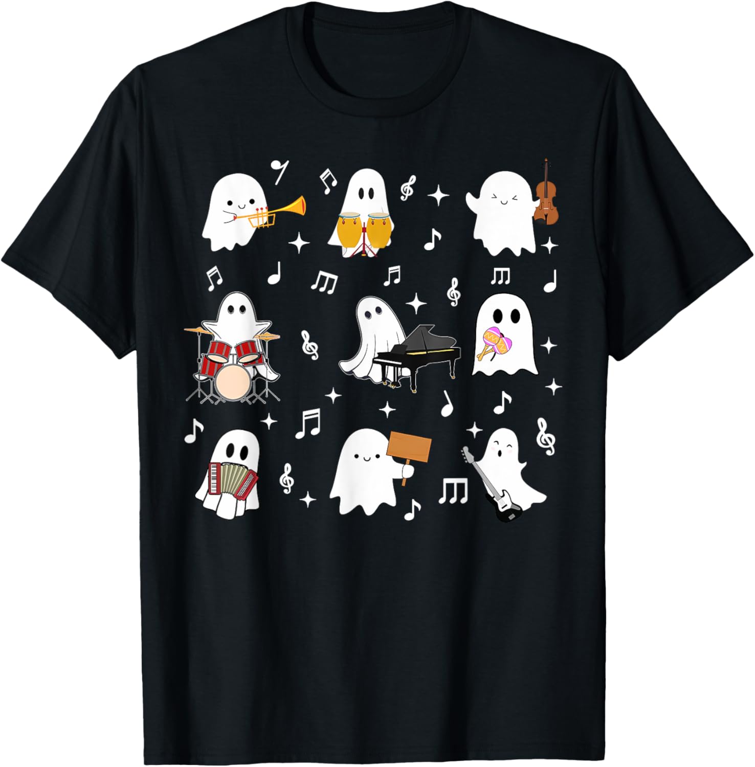 Halloween Music Teacher Ghost Playing Instruments Fun T-Shirt for Music Lovers - 1