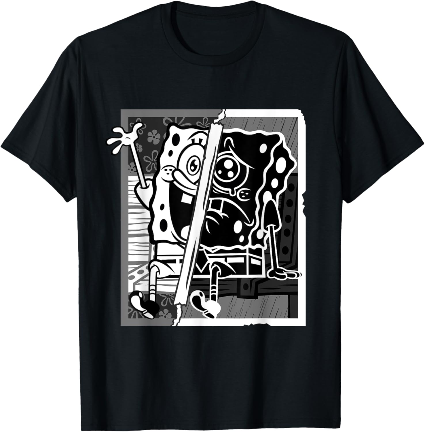 Mademark SpongeBob Black and White Happy Sad Artline T-Shirt for Fans - 2