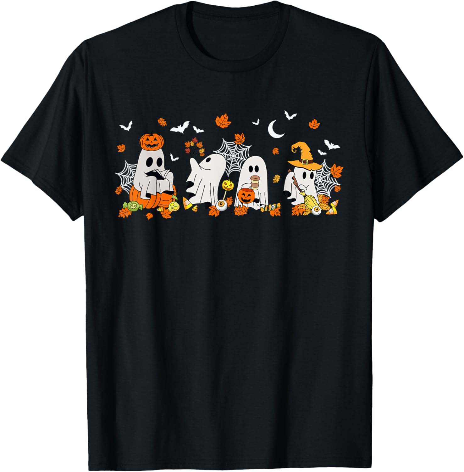 Cute Ghost Drinking Coffee Halloween Fall Book Reading T-Shirt for All - 19