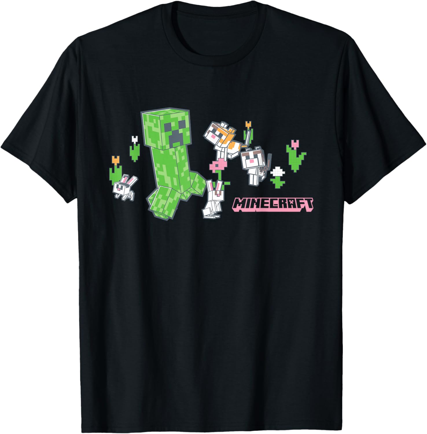 Cute Minecraft Creeper T-Shirt with Bunnies and Cats in Pixel Garden - 12