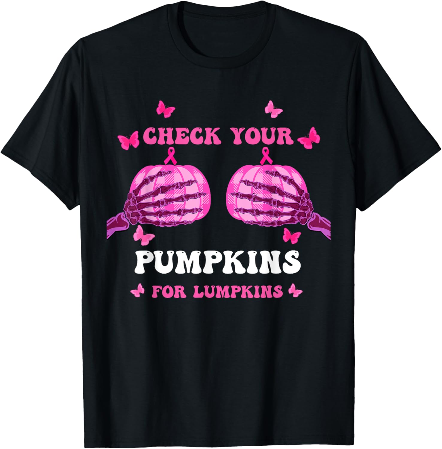 Breast Cancer Awareness Halloween Women's T-Shirt with Pumpkins Design - 1