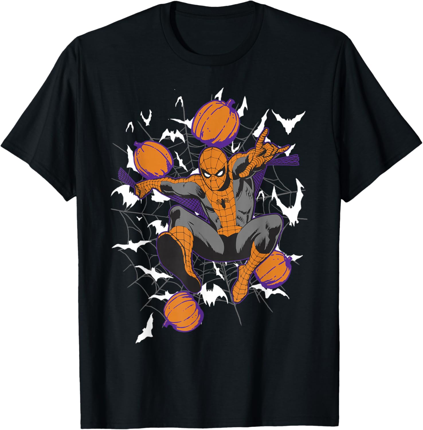 Spider-Man Halloween T-Shirt with Web and Pumpkins for Kids and Adults - 2