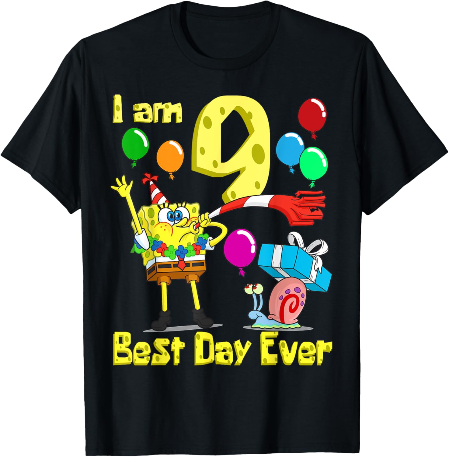 SpongeBob I Am 9 Years Old Birthday Party T-Shirt for Kids Fun Gift - 13