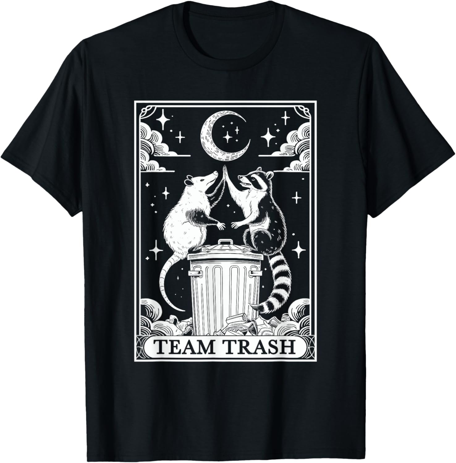 Vintage Tarot Card Team Trash T-Shirt with Crescent Moon Opossum Raccoon - 5