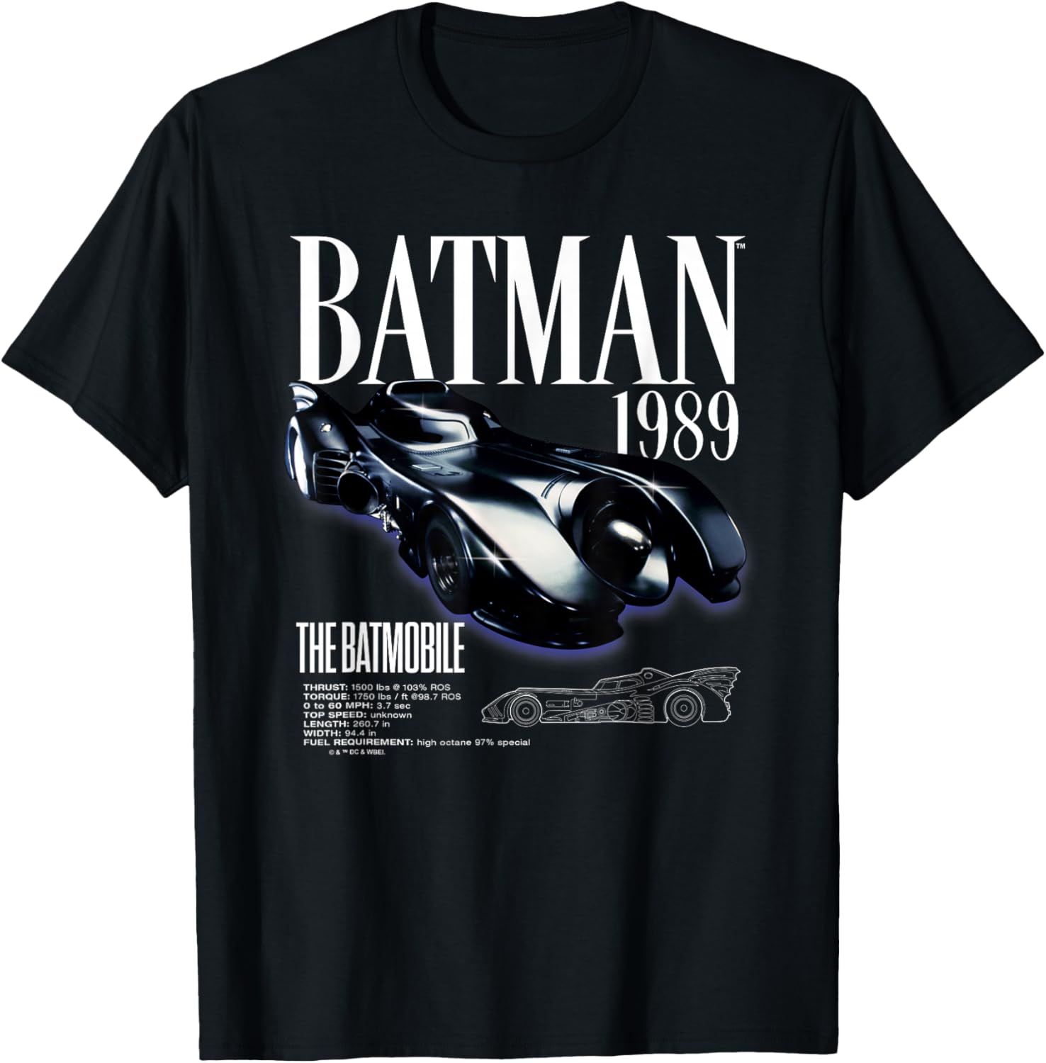 Batman 1989 Batmobile Schematic T-Shirt for Fans of Classic Film Style - 1