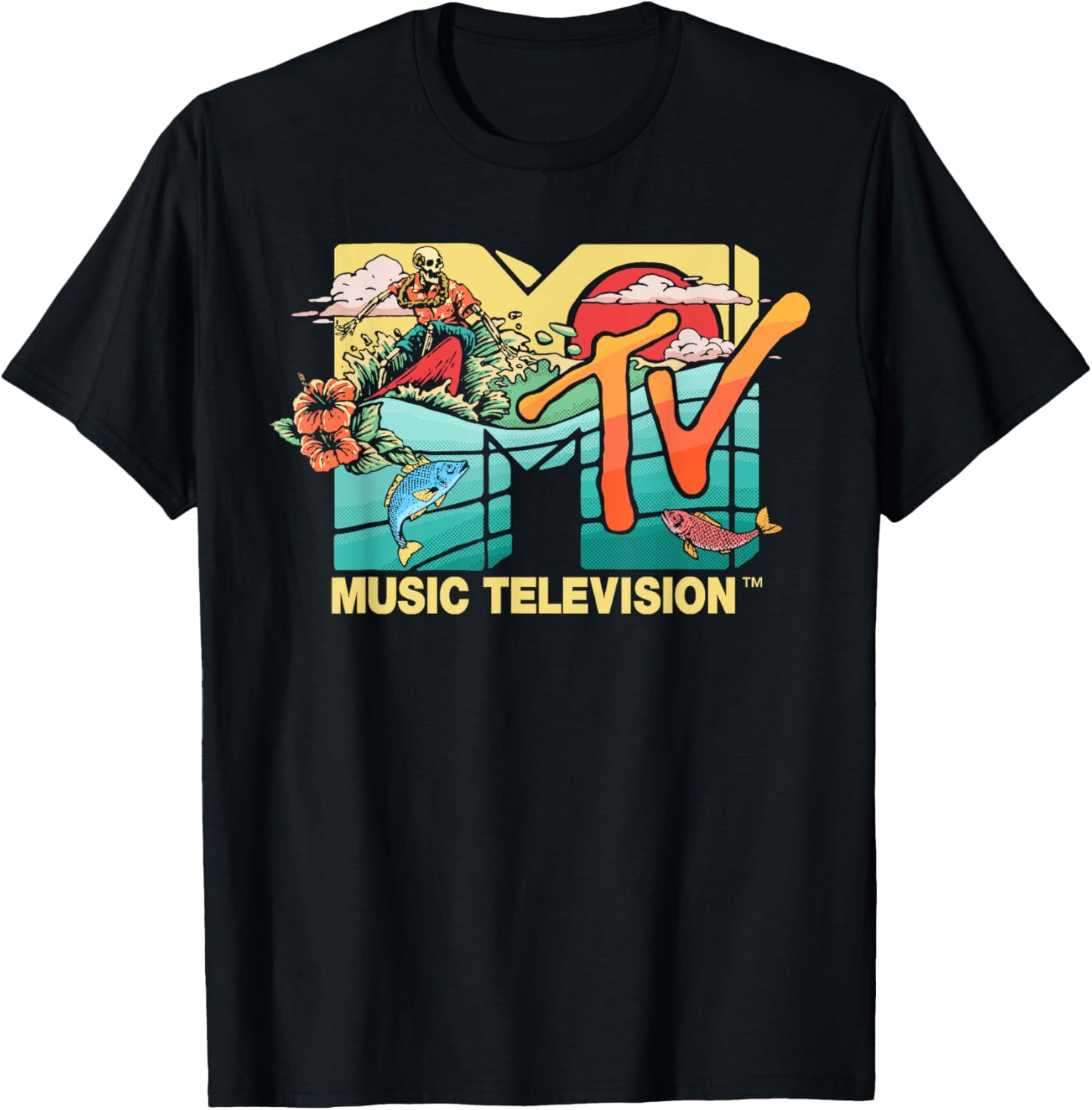 Mademark x MTV Vintage Surfing Skeleton Mother Ocean T-Shirt for Men - 11
