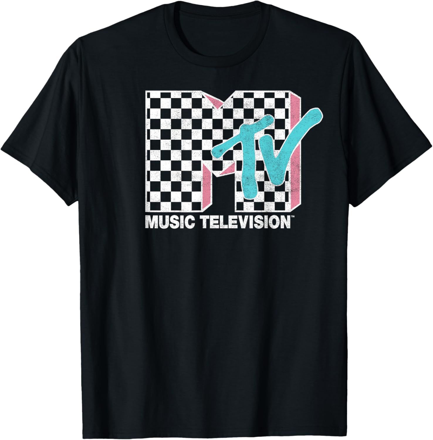 MTV Neon Distressed Checkered Logo Graphic Tee for Trendy Style - 3