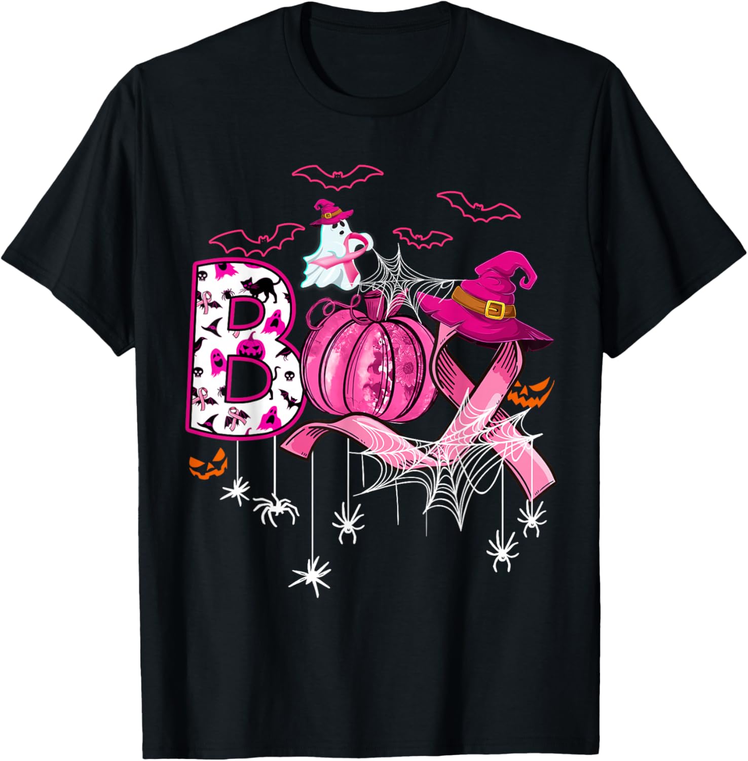 Pink Ribbon Witch Boo Halloween Pumpkin T-Shirt for Breast Cancer Awareness - 1