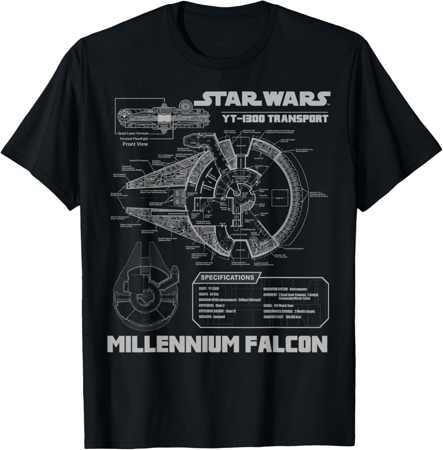 Star Wars Millennium Falcon Grey Schematics Graphic T-Shirt for Fans - 2