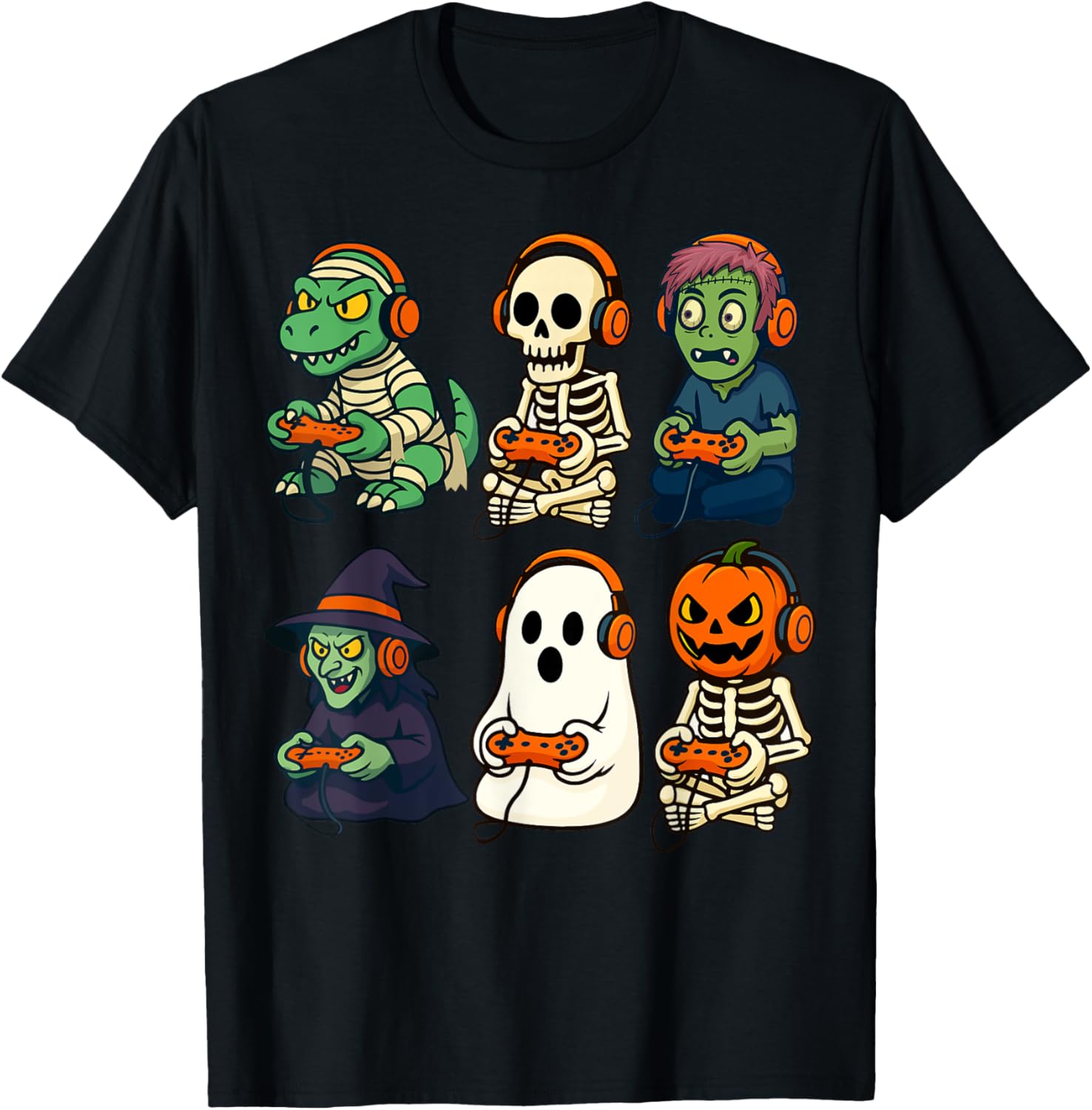 Halloween Boys Gamer T-Shirt with Dinosaur Skeleton and Witch Design - 7
